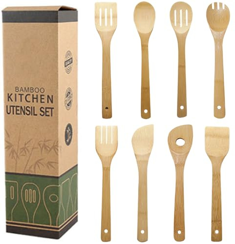 Binnan 8pcs Ustensiles de Cuisine en Bambou, Ustensiles de Cuisine Bois, Ustensiles de Cuisine, Ensemble Ustensiles de Cuisine en Bois de Bambou, Cuillères, Spatules