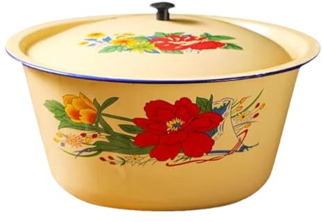 Enameled Washbasin - Enameled Basin and Pitcher Set, Vintage Enamel Bowl with Lid | Multifunctional Container for Soups and Vegetables, Small Oil Pot, Decorative Enameled Basin, Bowl