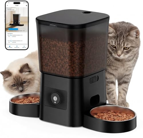HONEYGUARDIAN Futterautomat 2 Katzen mit APP, Katzenfutter Automat 2 Näpfe, 5G/2.4G WiFi Intelligenter Automatischer Futterspender für Katze/Hunde, Einfach zu bedienen, APP-Steuerung, 1-6 Mahlzeiten