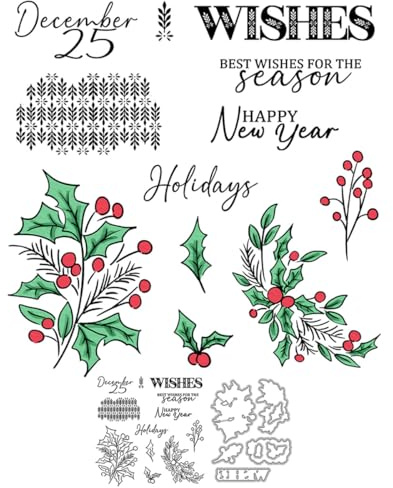 Christmas Holly Ivy Pine Clear Stamps and Metal Die Cuts for Card Making | Transparent Silicone Stamp and Cutting Dies Sets for DIY Scrapbooking Paper Crafting Seals Kits Decorative Supplies