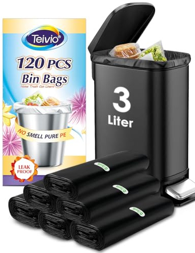 Teivio 120 bolsas de basura pequeñas y fuertes, 3 L, aptas para cubos de basura de 3 a 5 litros, para el hogar, oficina, cocina, color negro