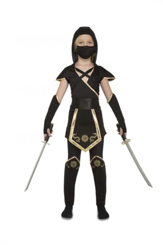 My Other Me Déguisement Ninja pour fille 10-12 ans. Comprend une robe et une capuche, une ceinture, des guêtres, un masque et des manchons de couleur noire avec détails dorés. Noir intense mettant en