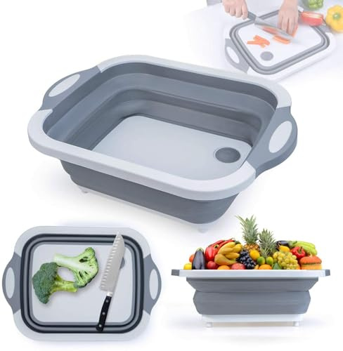 Planche à découper pliable 3 en 1 avec bouchon de vidange, lavabo, bac à vaisselle et passoire, multifonction pour lavage de légumes, fruits, gain de place pour cuisine, camping, pique-nique et