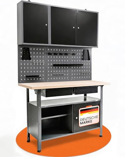 Ondis24 Werkstatteinrichtung Werkstatt Set Werkbank Fritz Hängeschrank Werkzeugwand Metall Schwarz Grau (Hängeschrank Ben & Tim, 122 cm)