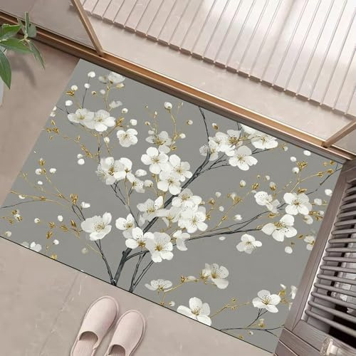 JEDTAKCT Gris Carbón Felpudo Floral Metálico De Lujo, Tapete De Bienvenida para Puerta, Plantas Chinas, Antideslizante Lavable, Alfombra para Puerta Decoración del Hogar Interior, 80X120Cm