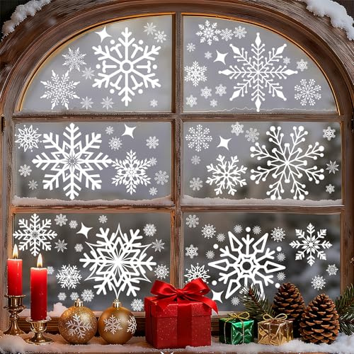 SHATOO Christmas Window Stickers Reusable, 160PCS Xmas Snowflake Window Stickers White Merry Christmas Window Clings Decals Double Sided, Winter Christmas Decorations for Glass Shop Windows Door