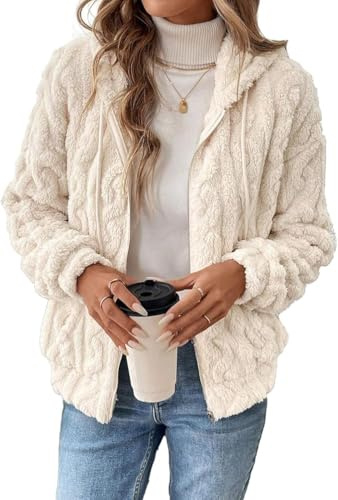 Crsiphee Women's Teddy Fleece Hoodie Soft Fluffy Sherpa Jacket Warm Zip Up Long Sleeve Coat with Pockets for Autumn and Winter Apricot XXL