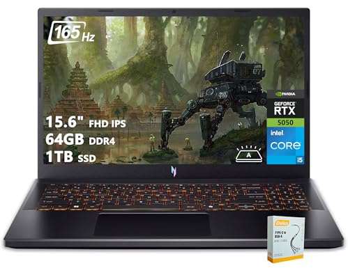 Acer Nitro V 15 Gaming Laptop | 15.6 FHD IPS 165Hz | Intel 8-Core i5-13420H | 64GB DDR4 1TB SSD | GeForce RTX 5050 DLSS4 (Up to 440 AI Tops) | Backlit Keyboard Win11 w/DLCA Accessory