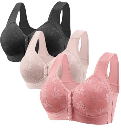 tacniseyw 3 Pack Front Fastening Bra Womens Non Wired Full Coverage Bras Plus Size Push Up Anti Sagging Bras Wide Straps Soft Comfort Support Bralette Wireless Jacquard Posture Bra Everyday Underwear