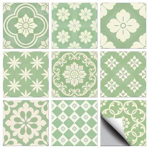 CONCHLERY 36 adesivi per piastrelle in 9 stili, motivo verde con motivi geometrici retrò, impermeabili, autoadesivi, per cucina, bagno, decorazione da parete, 10,2 x 10,2 cm