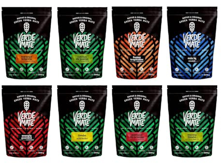 Coffret yerba mate Verde Mate Green 8x500g kit de découverte fruité | Kit de découverte yerba mate brésilienne avec 8 variétés fruitées de 500g séchées à l'air sans amertume pour débutants