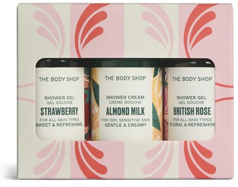 The Body Shop Shower Gel Trio Gift Set, Almond, Strawberry & British Rose Shower Gel 60ml, Cleansing Body Wash Set, Refreshing, Softening, Travel Size, Vegan Skincare Gift