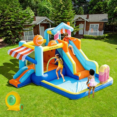 GartistGo Inflatable Bounce House for Kids, Ice Cream Shop Themed Water Slide Bouncy Castle with Splash Pool, Climbing Wall & Water Cannon, Outdoor Backyard Play Center with Blower (C-Shop)