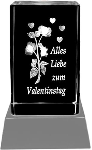 Kaltner Präsente Stimmungslicht – Ein ganz besonderes Geschenk: LED Kerze/Kristall Glasblock / 3D-Laser-Gravur Valentin Motiv Rose ALLES LIEBE ZUM VALENTINSTAG