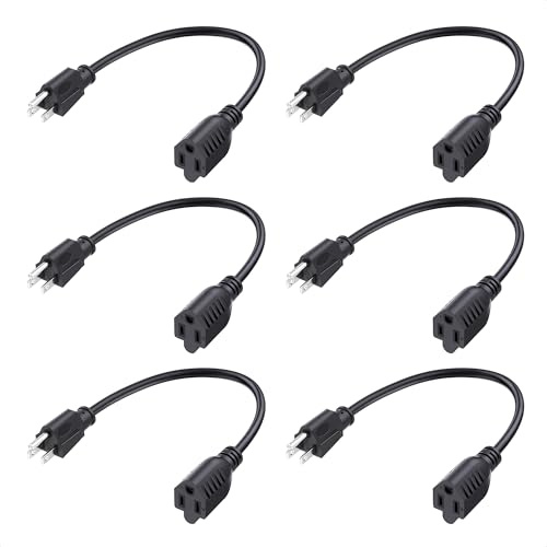 [ETL Listed] Cable Matters 6-Pack 16 AWG Heavy Duty 13A Short Power Extension Cord - 1ft, 3 Prong Power Cord Extension, NEMA 5-15P to NEMA 5-15R, Black