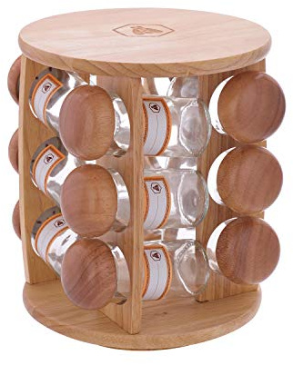 LAGUIOLE - Distributore di spezie Scaffale di 12 vasi in Vetro - Conservazione Trasparente alle Erbe - Coperchio in Legno - 10 cl - Legno,Bicchiere - Marrone