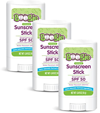 Baby Sunscreen Stick by Boogie Block, Mineral Sunscreen SPF 50, Travel Size Sunblock for Kids, Zinc Oxide, Water Resistant, Vegan, Fragrance Free Pack of 3