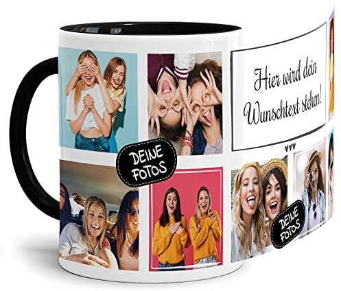 Foto-Tasse selbst gestalten mit Text & Collage für 8 Fotos - Geschenk für Familie, Freunde, Geburtstag, Weihnachten - Keramik Innen & Henkel Schwarz, 300 ml I Personalisiert