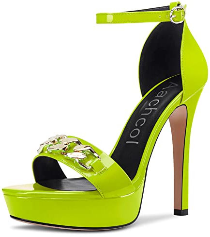 Aachcol Mujer Sandalias Abierta Punta Aguja Alto High Heel Correa Tobillo Fiesta Verde Lima Charol 11 CM 35 EU