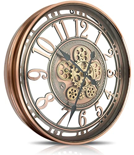 DORBOKER Wanduhr Groß mit Beweglichen Zahnrädern Moderne Industrial Steampunk XXL Vintage Retro Antike Metall Uhr für Küche Wohnzimmer Zuhause Bar Schule(53.5cm, Rotes Kupfer Arabische Ziffern)