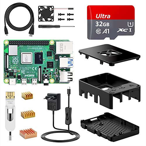NinkBox Raspberry Pi 4 Modello B Starter Kit, RPi Barebone 2GB RAM + ROM32GB, Alimentatore 5.1V / 3A con Interruttore, Ventola, dissipatore di calore, 2 cavi Micro HDMI