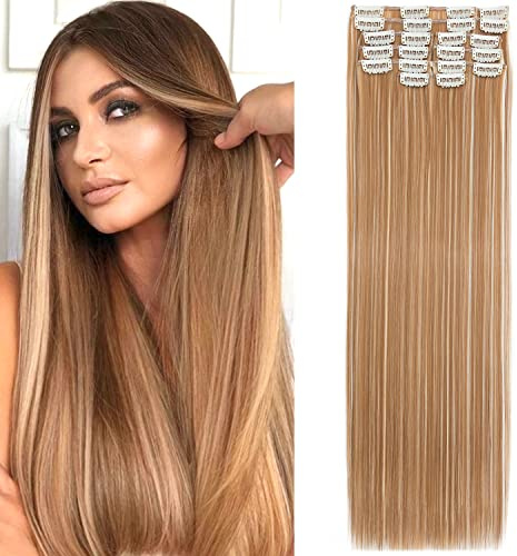 S-Noilite Clip in Extensions 56 cm 12 Teiliges Haarverlängerungen Glattes Haar Clip Extensions Synthetik Lang Haarextension Clips Haarteile für Damen - Dunkelblond & Bleichblond