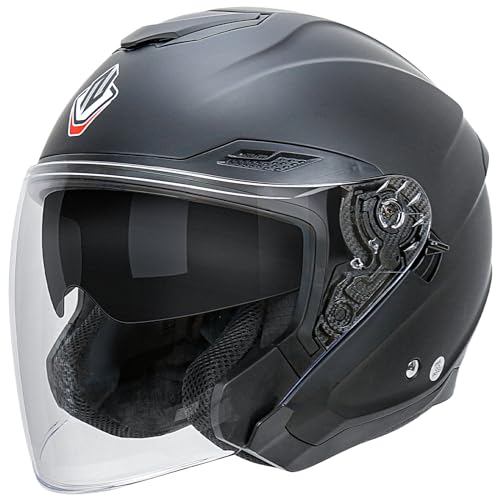 NENKI Rollerhelm für Motorradfahrer, Motorradhelm ECE 22.06, Jethelme mit Doppelvisier und Sonnenblende, Halbhelme für Damen Herren (Matt Schwarz, XL)