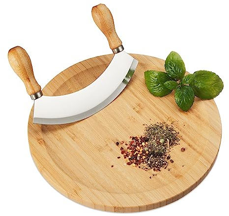 Relaxdays Mezzaluna con Tagliere Ø 25cm, Coltello a Monolama Trita Erbe, in Acciaio Inox e bambù, Naturale Argentato