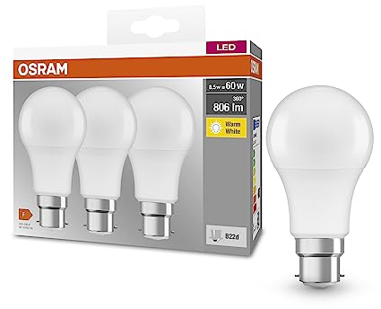 OSRAM Lampada LED BASE CLASSIC A 60 FR con attacco B22d, goccia, confezione tripla, 8.5W, 806lm, 2700K, luce bianca calda, bassa emissione di calore, basso consumo energetico, lunga durata