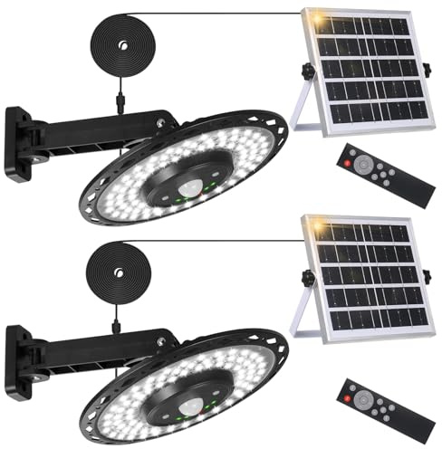 Lixada Solcellslampor för utomhusbruk, 2 stycken solcellshänglampor 180 LED, 4400 mAh-batteri med 5 m kabel, IP65 vattentät, rörelsedetektor, 5 lägen, för inomhus, utomhus, trädgård, camping, hönshus,
