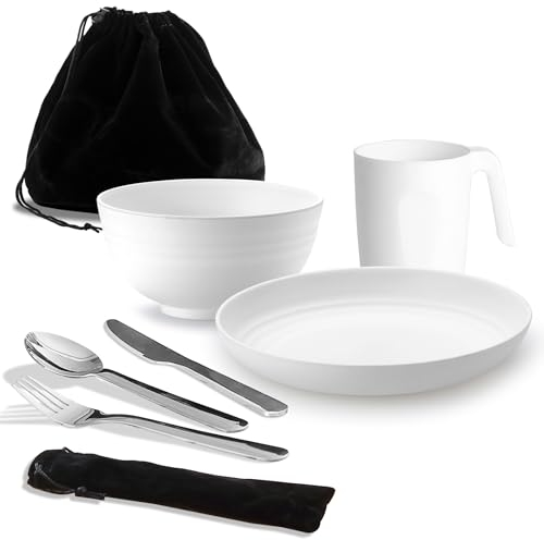Utensili da campeggio, ReaNea Kit mensa da campeggio per viaggi, picnic, all'aperto, attrezzatura da campeggio Include coltello, cucchiaio, forchetta Set di posate, tazza, ciotola, piatto