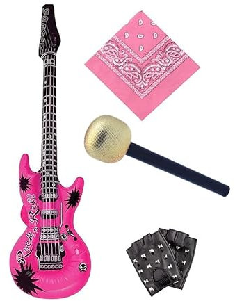 PINK Rockstar Fancy Dress Costume Set - Inflatable Guitar, Paisley Bandana, Black Faux Leather Studded Punk Gloves & Gold Microphone Prop