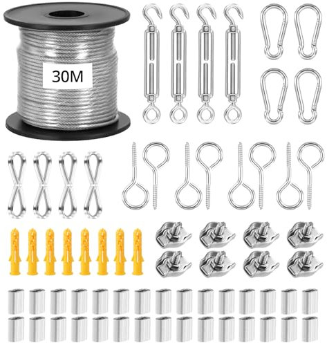 QWORK® 30M Wire Rope Kit, Garden Wire, Garden Wire for Climbing Plants, Heavy Duty 304 Stainless Steel Cable Rope With M5 Turnbuckle Wire Tensioner