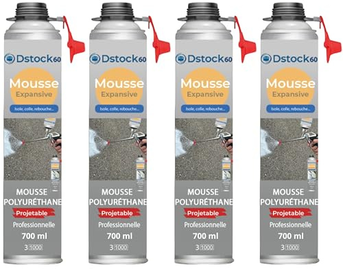 DSTOCK60 – Lot de 4 - mousse expansive polyuréthane projetable – 700 ml – avec applicateur - compatible multi-surfaces - application facile et rapide