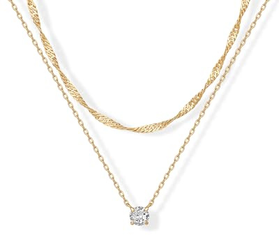 PAVOI 14K Yellow Gold Plated Twisted Singapore Chain Layering Choker with Round Solitaire Pendant Necklace Pack for Women | Cubic Zirconia Statement Layered Necklace Set