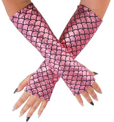 Mikovivi Handschuhe Meerjungfrau, Fischschuppen Glitzernde Meerjungfrau-Armstulpen mit Fischschuppen-Handschuhe Modische Glitzernde Fingerlose Handschuhe Halloween-Karnevalszubehör(Pink)