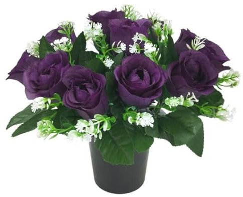 Nuovo design migliorato e qualità con inserto in schiuma, vasi per cimitero funebre da 25 cm, fiori artificiali per tombe | per cimitero e decorazioni floreali | 12 rose viola