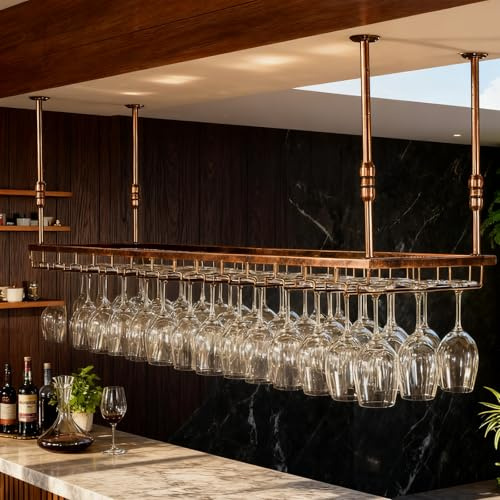 Dernoing Support pour Verre à Vin Hauteur RéGlable, Porte-Verres à Pied Suspendu en Métal, Montage au Plafond Range Verre Suspendu Bar pour Famille, Restaurant, Hôtel, Bar (bn, 90x35x(30-60) cm)