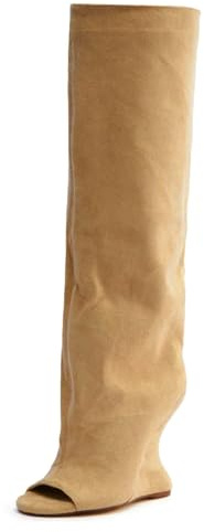 Yishaweiqi Suede Camel Knee High Boots for Women Peep Toe Wedge Boots Pull On Open Toe Summer Boots