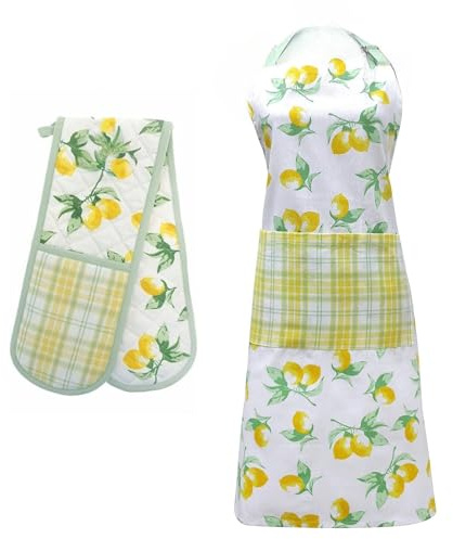 B4E Lemons Design Apron and Oven Gloves Set – 100% Cotton Kitchen Apron & Heat Resistant Mitts – Cute Lemon Print Cooking Accessories for Women & Men – Gift for Bakers & Home Chefs