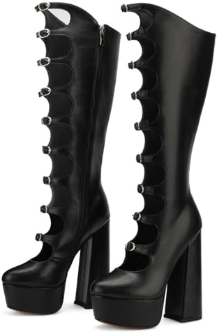 FancyQueen Black Platform Boots Gothic Boots for Women, Knee High Chunky Platform Heels, Black Lolita Buckle Block Heels, Punk Combat Mid Calf Shoes