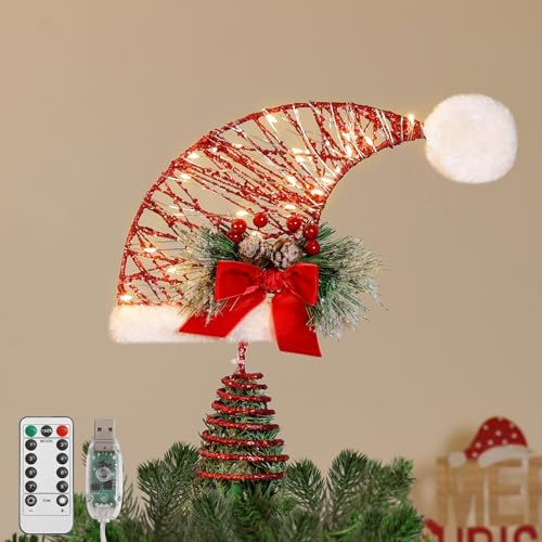Lewondr Topper per Albero di Natale, 11,61 Cappello Natalizio in Metallo a Forma di Albero con Foglie di Pino e Fiocco, 30 Bulbi LED, Timer 6 Ore, 8 Modalità di Luce, USB e Telecomando Cappello,Rosso