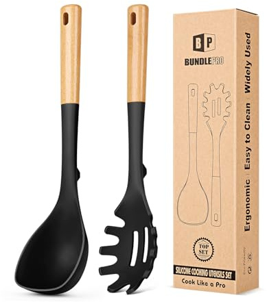 Silicone Soup Ladle and Spaghetti Spoon Set with Wooden Handle, Non Stick Heat Resistant Kitchen Utensils for Cooking, Stirring, Serving Pasta, Soup & Sauce(Black)