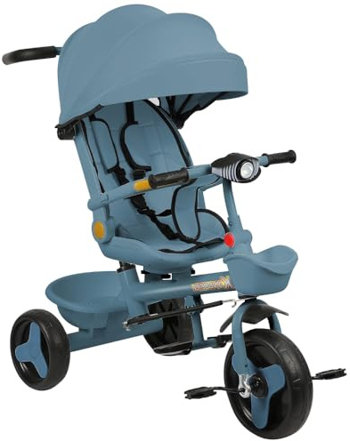 Triciclo bebé evolutivo 5 en 1 bicicleta cochecito de bebé con asiento giratorio de 360°, asa de empuje, toldo extraíble, cinturón de seguridad de 3 puntos, almacenamiento, 1 a 5 años (azul, 5 en 1)