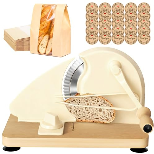 Manual Bread Slicer for Homemade Sourdough Bread with 30 Set Paper Bread Bags, Adjustable Thickness, Hand Crank Sourdough Bread Slicer with Stainless Steel Blade, Suction Cup and Guide Rail