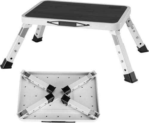 JF HOME BLISS Folding Step Stool with Anti-Slip Grooved Platform, Steel Frame & Spring Lock Safety, Portable Compact Step for Home, Office, RV Use, 150kg Capacity (23.5cm Height Adjustable White)