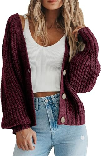 Generisch Maglione a Maglia Grossa da Donna con Apertura sul Davanti, Autunno 2025, Maniche Lunghe, Bottoni, Cardigan Corto e Sciolto, Abbigliamento, bordeaux, XL