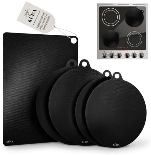 KÜRA Protezione Piano Induzione - Set 5 Tappetini per Piano Cottura Induzione 5 Fuochi Resistente fino a 300°C - Copri Piano Induzione Antiscivolo e Antigraffio (1x 24x35cm, 2x Ø22cm, 2x Ø24cm)