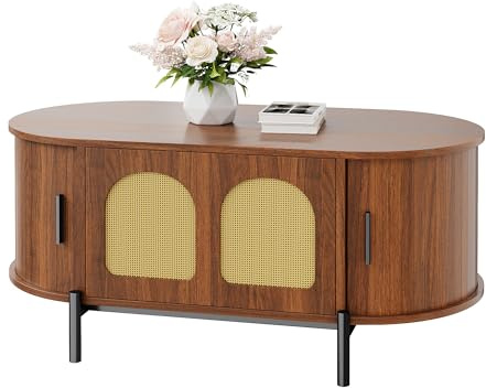 HAINEW HD26050607 - Mesa de centro ovalada con 2 puertas correderas y 1 puerta de ratán, mesa auxiliar con esquinas redondeadas, 100 x 50 x 40 cm, color nogal