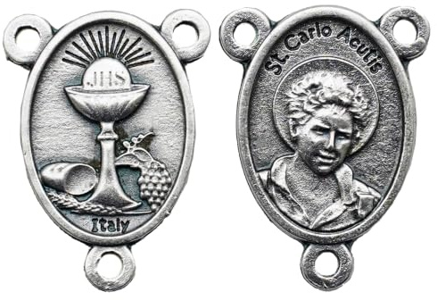 Medalla central de San Carlo Acutis, rosario para hacer joyas, 2 unidades | Diseño de cáliz de primera comunión, fabricado en Italia, aleación de tono plateado, accesorios de collar religioso católico